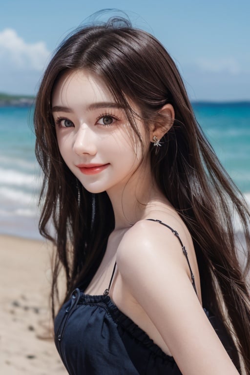  Seaside Beach,HDR,UHD,8K,Highly detailed,best quality,masterpiece,1girl,realistic,Highly detailed,(EOS R8,50mm,F1.2,8K,RAW photo:1.2),ultra realistic 8k cg,earrings, solo, 1girl, , long hair, Wind, flowing hair, kind smile, , pose for picture, , looking_at_viewer, , perfect body, , blue dress, jewelry,eluosi