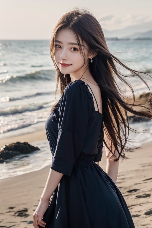  Seaside Beach,HDR,UHD,8K,Highly detailed,best quality,masterpiece,1girl,realistic,Highly detailed,(EOS R8,50mm,F1.2,8K,RAW photo:1.2),ultra realistic 8k cg,earrings, solo, 1girl, , long hair, Wind, flowing hair, kind smile, , pose for picture, , looking_at_viewer, , perfect body, , blue dress, jewelry,eluosi