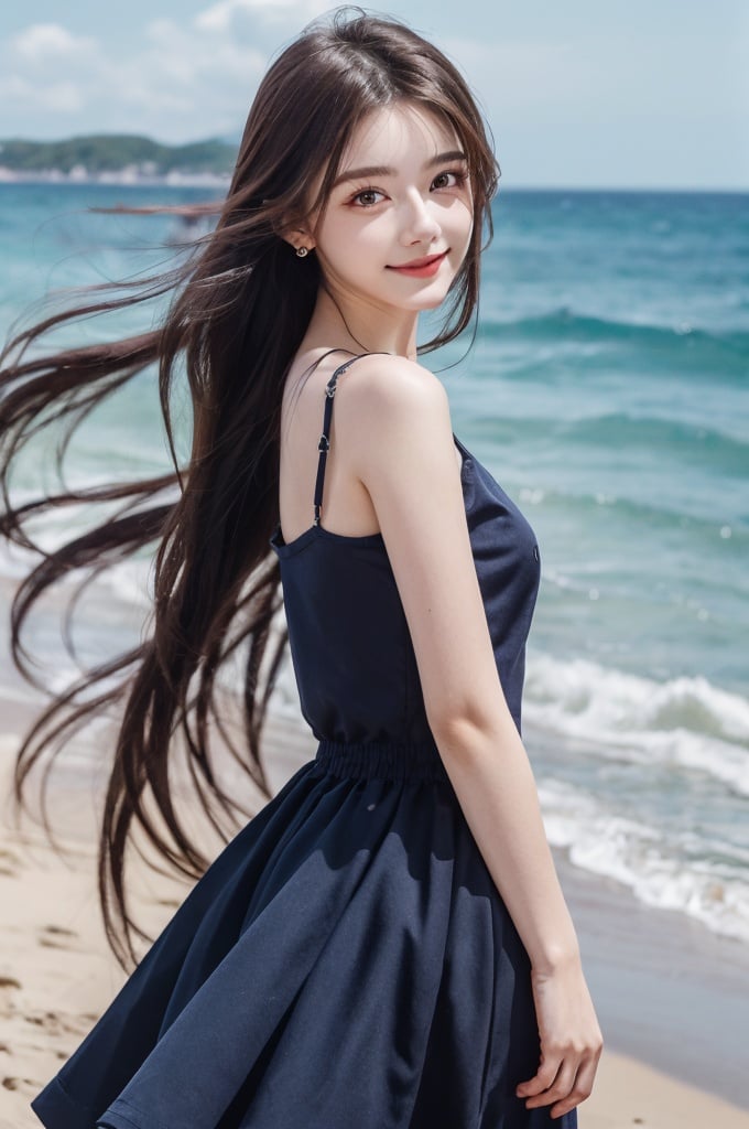  Seaside Beach,HDR,UHD,8K,Highly detailed,best quality,masterpiece,1girl,realistic,Highly detailed,(EOS R8,50mm,F1.2,8K,RAW photo:1.2),ultra realistic 8k cg,earrings, solo, 1girl, , long hair, Wind, flowing hair, kind smile, , pose for picture, , looking_at_viewer, , perfect body, , blue dress, jewelry,eluosi