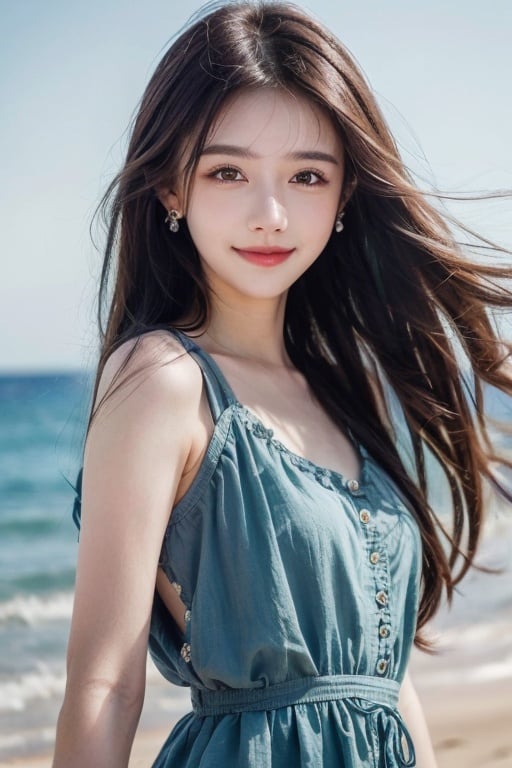  Seaside Beach,HDR,UHD,8K,Highly detailed,best quality,masterpiece,1girl,realistic,Highly detailed,(EOS R8,50mm,F1.2,8K,RAW photo:1.2),ultra realistic 8k cg,earrings, solo, 1girl, , long hair, Wind, flowing hair, kind smile, , pose for picture, , looking_at_viewer, , perfect body, , blue dress, jewelry,eluosi