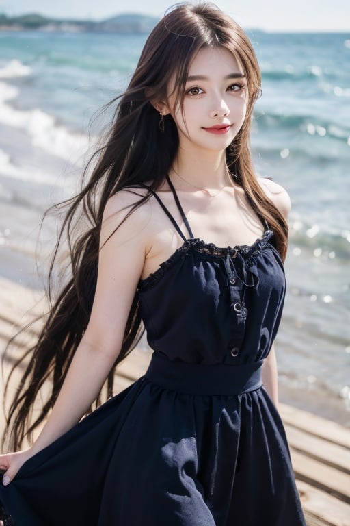  Seaside Beach,HDR,UHD,8K,Highly detailed,best quality,masterpiece,1girl,realistic,Highly detailed,(EOS R8,50mm,F1.2,8K,RAW photo:1.2),ultra realistic 8k cg,earrings, solo, 1girl, , long hair, Wind, flowing hair, kind smile, , pose for picture, , looking_at_viewer, , perfect body, , blue dress, jewelry,eluosi