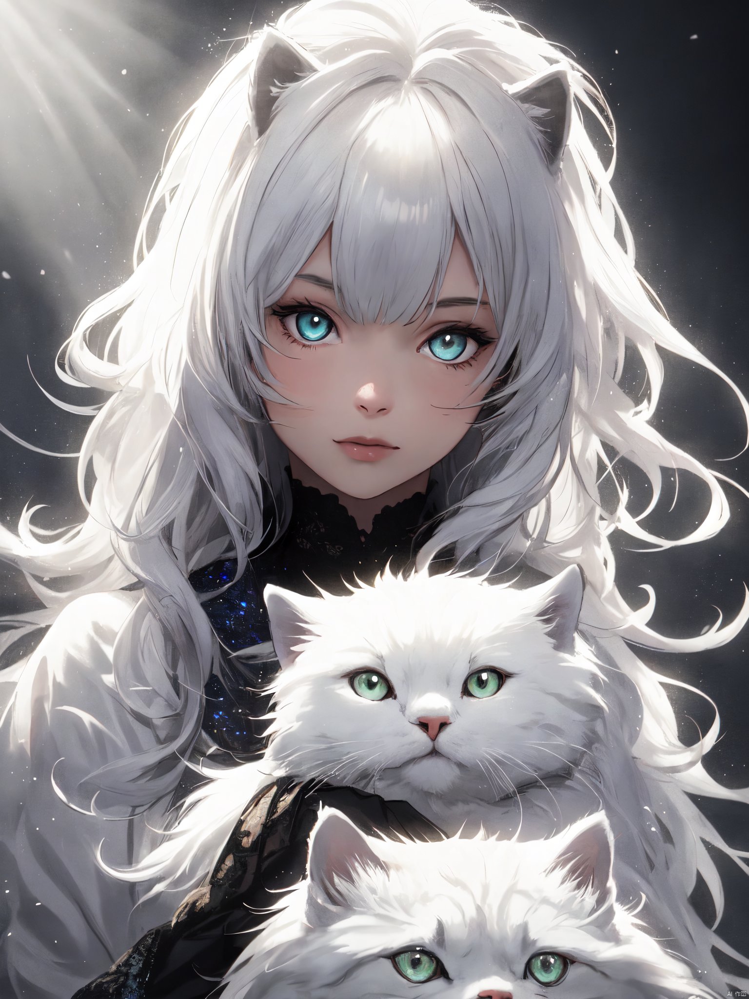  photorealistic of cute girl with white persian cat, Lolita, mane, multicolored hairlighting, glowing crystals, hyper detailed, detailed glow, ambient occlusion, ambient light,Beautiful dynamic dramatic dark moody lighting, volumetric, shadows, BREAK, 35mm photograph, grainy, professional, 8k, highly detailed, Hasselbald 50mm lens f/1.9, [by ethan for CGArt Mayfly model]