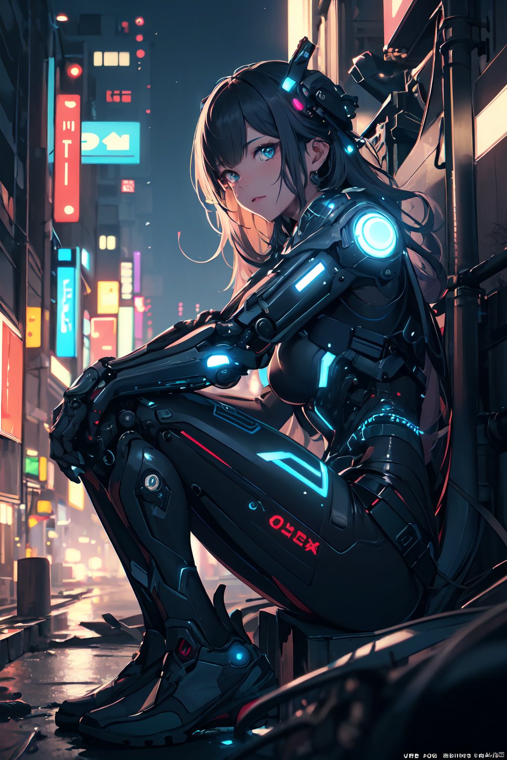  (best quality, masterpiece, colorful, dynamic angle, highest detailed)upper body photo, full body photo, fashion photography of cute 1girl, mechanical arms, cyborg, dark mood, dystopia, glowing, looking at viewer, sitting, long hair, bokeh (intricate details, hyperdetailed:1.15), detailed, moonlight passing through hair, (official cyberpunk art, extreme detailed, highest detailed), HDR+,light master