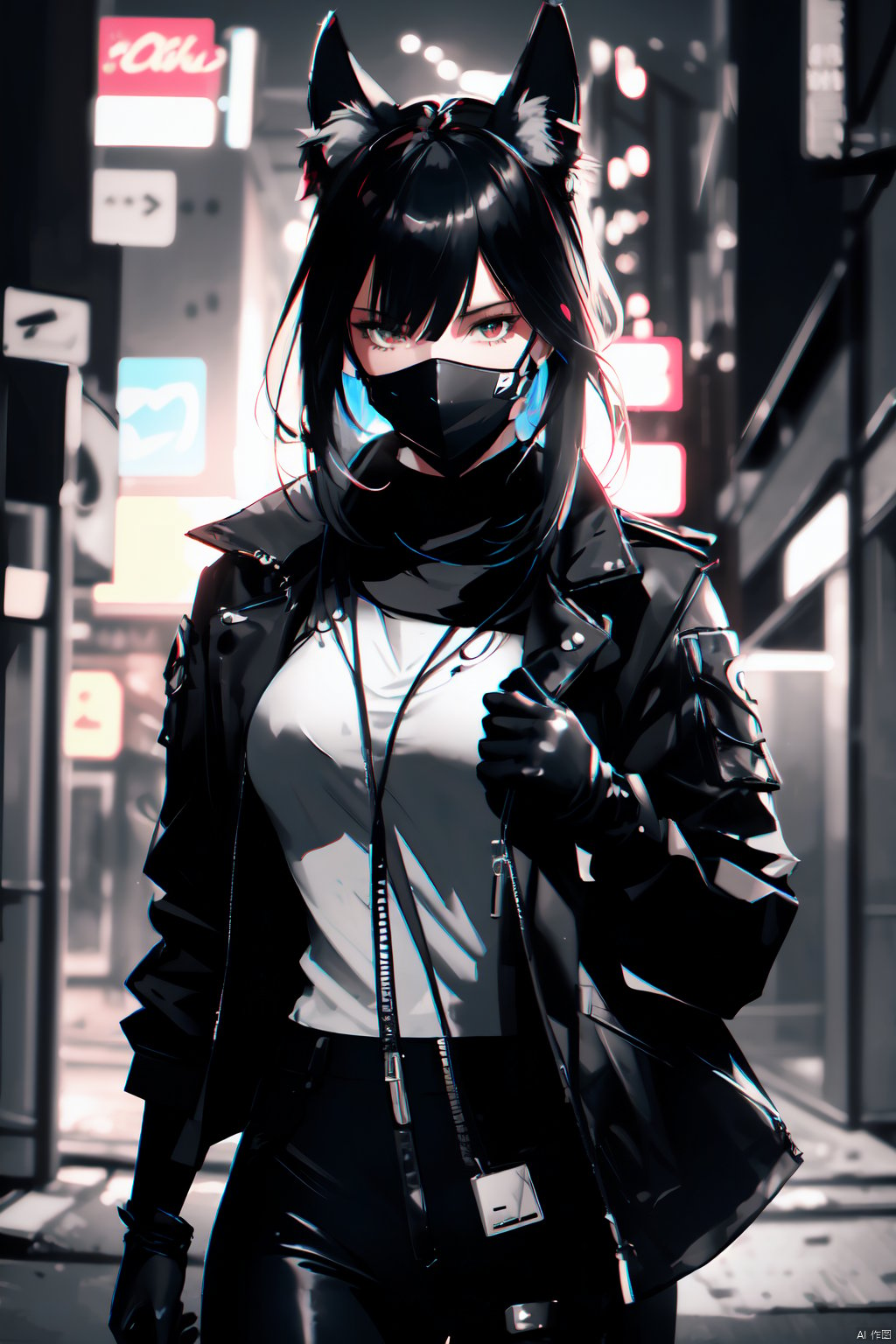  cyberpunk cityscape, a girl dressed in an elegant black suit, who has the( mask of a kitsunes blak_red:1.4), holding a baseball bat on his shoulder, with black leather gloves, 8k quality, in a medium shot on a background of a night city. digital art and illustration by greg rutkowski, trending pixiv, award winning cinematic dramatic lighting closeup portrait studio photography hyperrealistic very detailed 4K HDR volumetric lightrays octane render ultra, greyscale, , neon lights, dark alleys, skyscrapers, futuristic, vibrant colors, high contrast, highly detailed,tamamo (fate),fox girl,medium breasts,(cowboy shot),(nsfw:0.9)