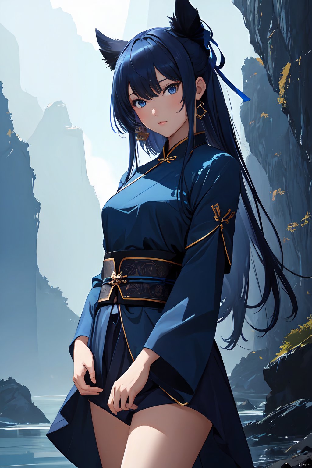  (abstract art:1.4), masterpiece, best quality, ultra high res, beautiful, visually stunning, (1girl:1.3), (dark blue theme:1.2), deep blue, cowboy shot,girl,wuxia,Chinese style,(Small chest:0.75),niji, sunlight, monkren, light master