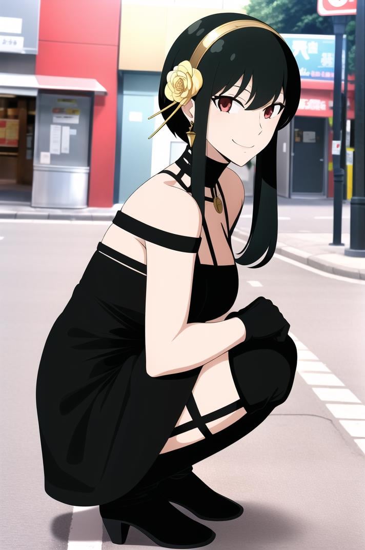 (masterpiece), high quality, (detailed background), 1girl, solo,<lora:SpyxFamilyYor-v1-07:0.8>, ChopioYor, black hair, red eyes, gold earrings, (looking at viewer:1.3),mature female, medium breasts,short hair with long locks, sidelocks, hair ornament, gold hairband,outfit_3, necklace, bare shoulders, black dress, rose print, two-sided dress, two-sides fabric, black fingerless gloves, black thigh boots,outdoors, night, dark, akihabara \(tokyo\), lamppost, seductive smile, from below, full body, squatting,