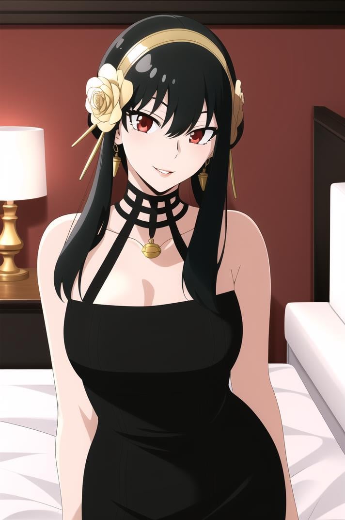 (masterpiece), high quality, (detailed background), 1girl, solo,<lora:SpyxFamilyYor-v1-07:0.8>, ChopioYor, black hair, red eyes, gold earrings, (looking at viewer:1.3),mature female, medium breasts,short hair with long locks, sidelocks, hair ornament, gold hairband,outfit_3, necklace, bare shoulders, black dress, rose print, two-sided dress, two-sides fabric,bedroom, bed,standing, seductive smile, parted lips, red lips, sexy pose,