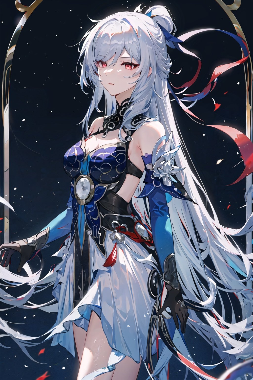 detailed,masterpiece,best quality,jingliu \(honkai: star rail\),silver hair,silver hair,hair ribbon,bare shoulders,blue dress,detached sleeves,black gloves,red eyes,<lora:镜流jingliu:0.6>,