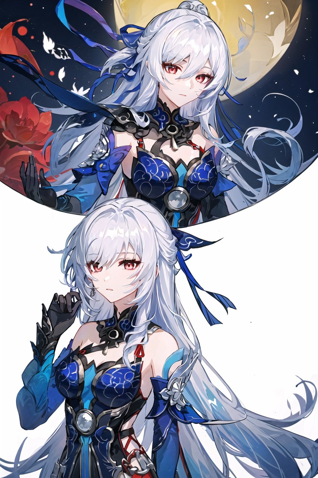 detailed,masterpiece,best quality,jingliu \(honkai: star rail\),silver hair,silver hair,hair ribbon,bare shoulders,blue dress,detached sleeves,black gloves,red eyes,<lora:镜流jingliu:0.6>,