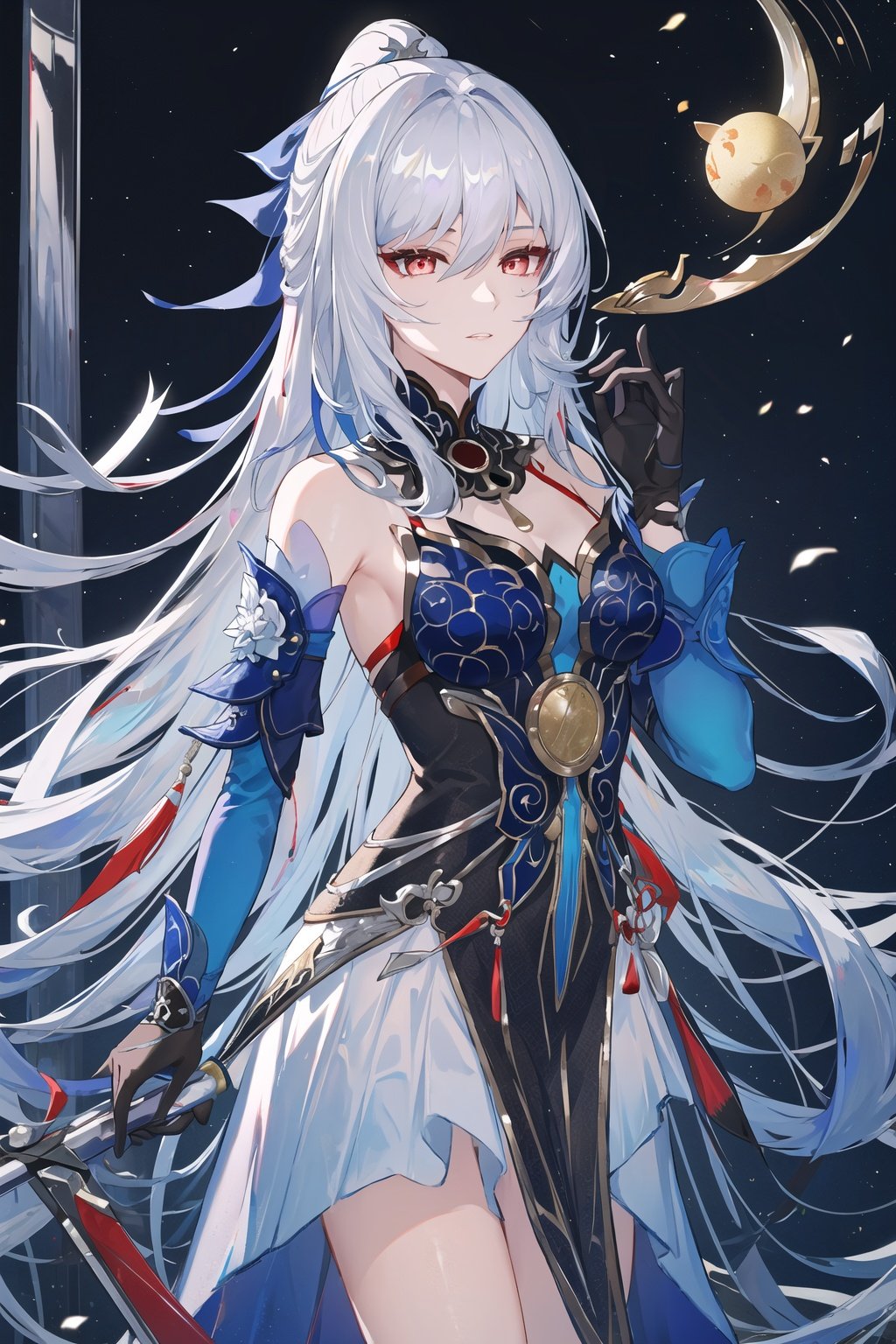 detailed,masterpiece,best quality,jingliu \(honkai: star rail\),silver hair,silver hair,hair ribbon,bare shoulders,blue dress,detached sleeves,black gloves,red eyes,,<lora:镜流jingliu:0.6>,