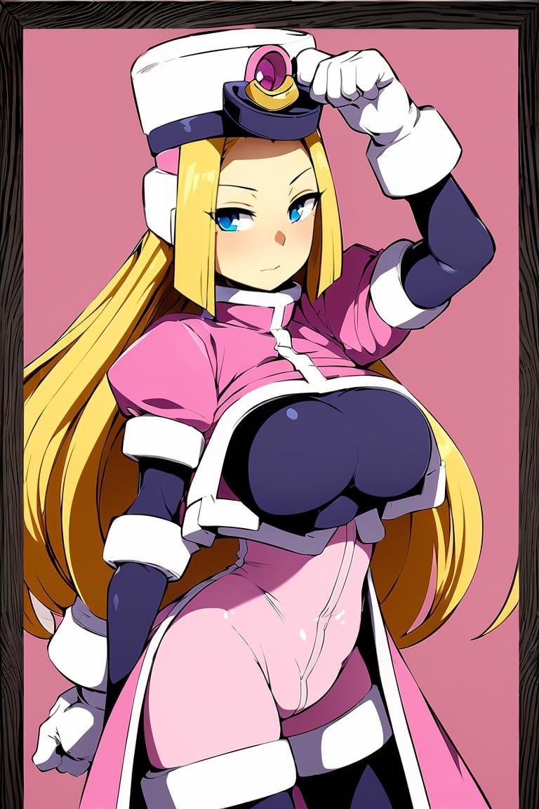 Prairie_MM,  shako cap,  blonde hair,  low-tied_long_hair,  sidelocks,  blue eyes,  long_coat,  puffy sleeves,  pink cropped jacket,  framed_breasts,  white gloves,  bodystocking,  Body suit,  skin_tight,  cowboy_shot,  black_legwear,  pink footwear,  stuffed cat, <lora:EMS-55621-EMS:0.800000>