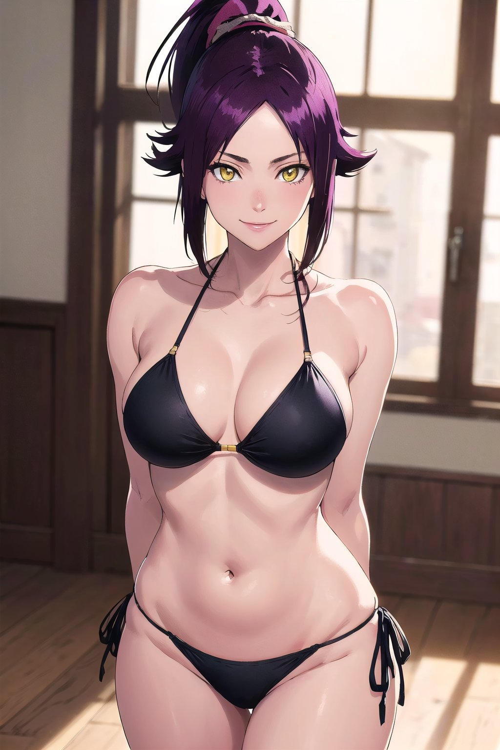 masterpiece, best quality, highres, collarbone, , indoors, cowboy shot, standing, smile, string bikini, black_string_bikini, arms behind back, curvy_figure , yoruichi shihouin, long hair, yellow eyes, ponytail, purple hair, 