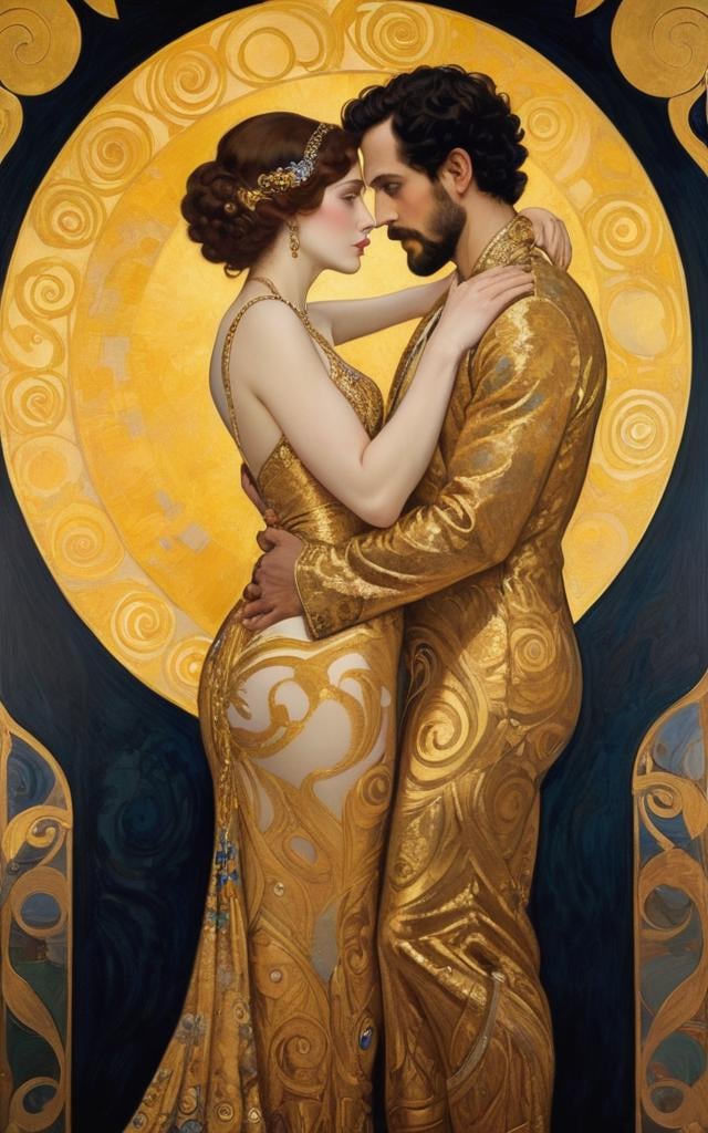 Film by Steven Spielberg,Art inspired by [Gustav Klimt | Art Nouveau | Byzantine Mosaics] in the style of (golden overlays, intricate patterns, sensual forms, deep intimacy, mythological themes, flowing lines, textured motifs, luminous surfaces, symbolic elements, detailed intricacies, passionate depictions, captivating allure). Lose yourself in the opulent embrace of Gustav Klimt's ornate patterns and shimmering gold. The art here revels in passionate entanglements, a kaleidoscope of patterns celebrating love, life, and everything in between. Every square inch tells tales of myths, muses, and deep desires. 🌊🎨🕊️ "Klimt's Golden Embrace"