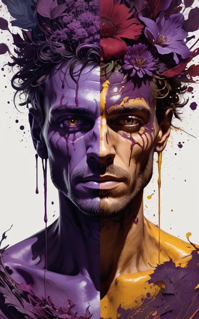 character splash art with expressive paint splashes, Split-Complementary colors of (Deep Purple, Maroon, Gold), 60-30-10 color rule, damask fine details.stunningly beautiful model, perfectly detailed face, hyperdetail eyes, well-dressed,complex background with intricate details, depth of field, vanishing point,Art inspired by Carne Griffiths and Art by Wadim Kashin,Bold digital painting that showcases vibrant and contrasting color schemes creating dramatic landscapes and cityscapes. A unique mixed media piece that utilizes unconventional materials such as tea, brandy, vodka, and ink to create fluid, organic lines and intricate patterns. Use of strong lighting and shadow, giving a sense of depth and atmosphere. Architectural structures are woven seamlessly into nature, blending the line between man-made and natural elements. The work blends abstract forms with figurative elements, often featuring a human face or figure emerging from a chaos of vibrant, flowing lines. Artwork that encompasses a surreal and dreamlike quality, with a touch of mysticism and enchantment. The fusion of the precise with the random, where careful detail meets uncontrolled spontaneity, evokes a sense of dreamlike surrealism by Satori Canton