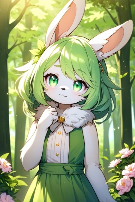 cute rabbit furry girl,furry female,rabbit ears,green hair, green dress,sleeveless, white skin,in forest,looking at viewer,smile,closed mouth,flowers,slightly above,