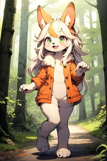 furry, orange fur, two tone fur, full body,smile, in forest, dressing