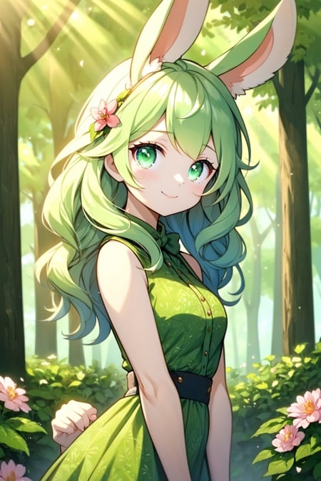 cute girl,rabbit ears,green hair, green dress,sleeveless, white skin,in forest,looking at viewer,smile,closed mouth,flowers,slightly above,