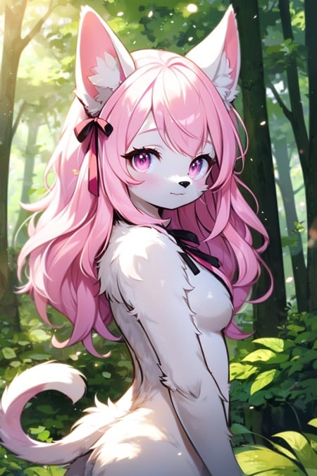 furry cat girl,body fur,animal ears,tail,naked,looking at viewer,closed mouth,in forest,ribbon,standing,upper body,pink hair,pink eyes,learning forward,