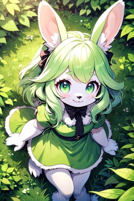 cute rabbit furry girl, furry female, rabbit ears, green hair, green dress, white skin, in forest, looking at viewer, smile, (from above:1.3), 