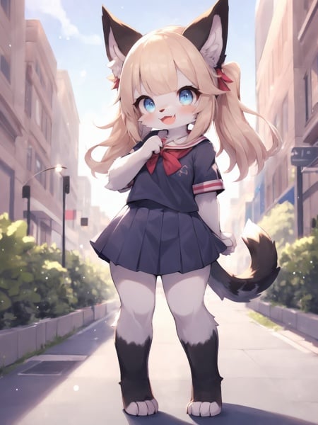 looking at viewer,clear sky,summer,sun,(furry, furry female:1.2),body fur, animal ears, fang, (tail:1.2), cheerful,smile,open mouth,gyaru,gold hair,low twintails,blunt bangs,blue eyes,(school uniform:1.2), short short sleeves, short skirt, in city, craw pose,cowboy shot,standing, leaning against,full body,<lora:Tora-NijiFurry-p2-t7:0.7>,