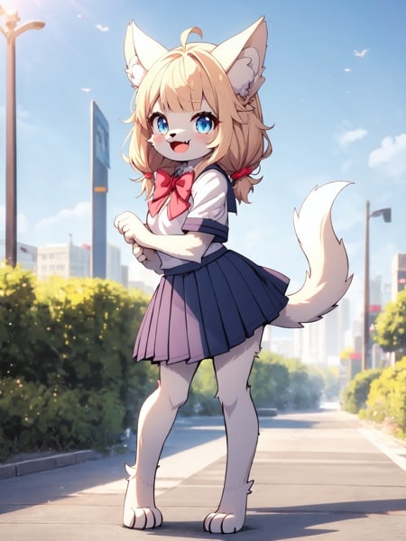 looking at viewer,clear sky,summer,sun,(furry, furry female:1.2),body fur, animal ears, fang, (tail:1.2), cheerful,smile,open mouth,gyaru,gold hair,low twintails,blunt bangs,blue eyes,(school uniform:1.2), short short sleeves, short skirt, in city, craw pose,cowboy shot,standing, leaning against,full body,<lora:Tora-NijiFurry-p2-t7:0.7>, 