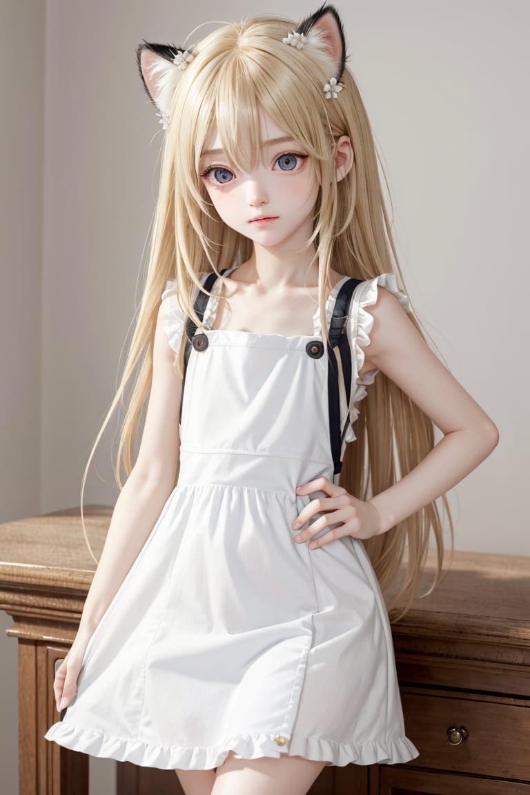 absurdres ,high res, perfect anatomy, ultimate detailed, high-resolution in elaborateness, (an extremely delicate and beautiful:1.2), realistic texture, (1 very cute Loli girl:1.3), solo, blonde cat ears, blonde hair, (long side hair), long hair, disheveled hair, (detailed eyes:1.3), open eyes slightly, cute pinafore dress,