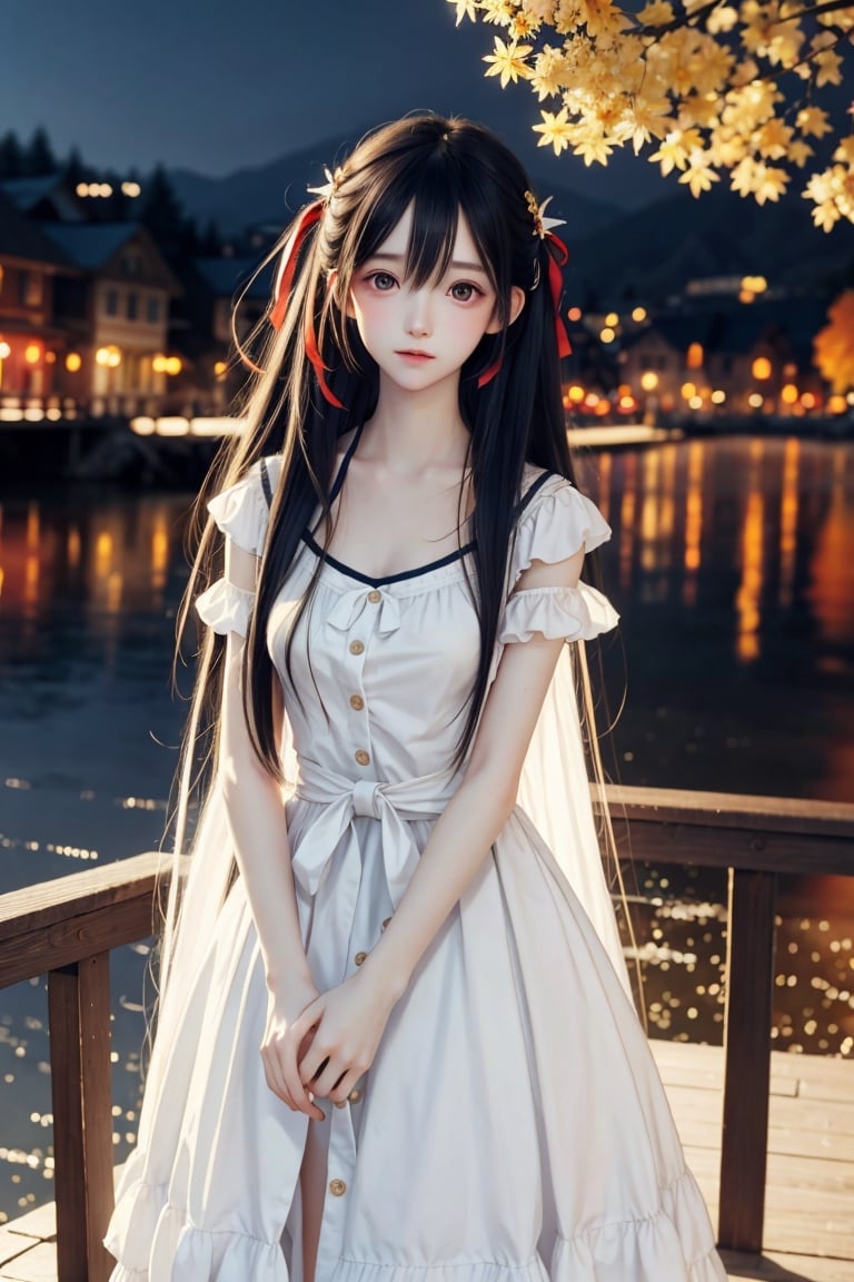 k, best quality, masterpiece:1.2),(best quality:1.0), (ultra highres:1.0), a beautiful loli, hair ribbons, by agnes cecile, from head to waist, extremely luminous bright design,autumn lights, long hair, 
