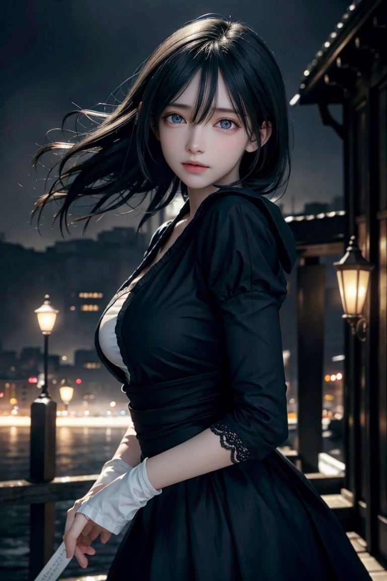 Best quality, masterpiece, ultra high res, (photorealistic:1.37), raw photo, a young and serious woman, long black dark hair in the wind, blue eyes, detailed eyes and face, perfect anatomy. Medium round breast. perfect fingers. work cloths with intricate details, dynamic lighting, in the dark, deep shadow, low key, cinematic image,bright city, floting city on the background. 