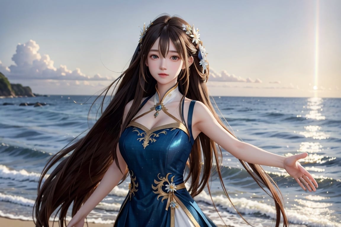 middle body shot,  a young girl,  1girl,  beautiful long flowing hair,  (brown hair),  wearing a flowing blue gold and white dress made of waves,  representing beauty and elegance. 8K photograph,  at sunset,  against a radiant and rainbow-like holographic background,  a dynamic pose. Final fantasy styles,  center image,  a highlight in the middle of a journey, (1girl:1.3),