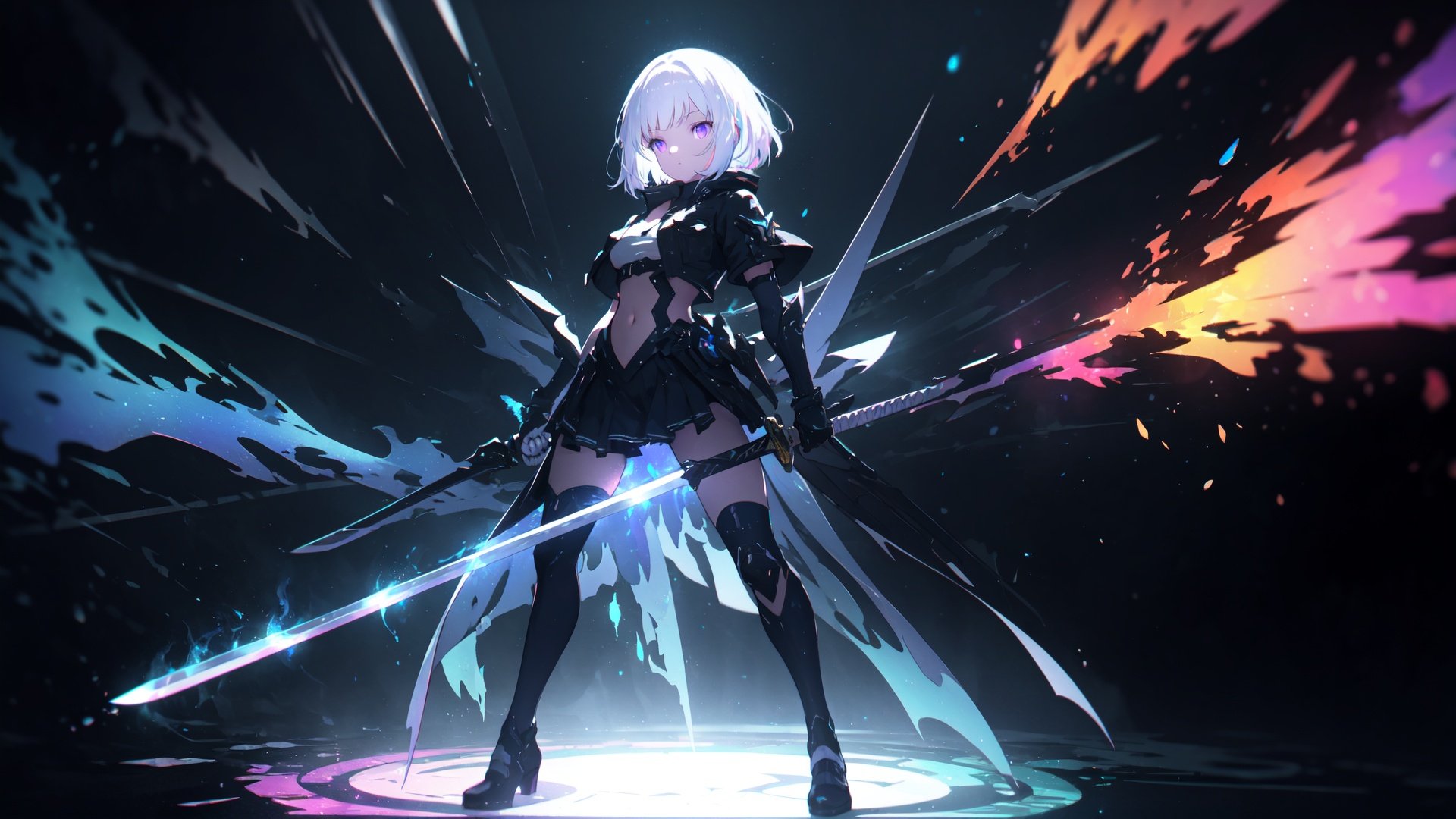 colorful,1girl,white hair,purple eyes,dual wielding,sword,holding sword,blue flames,glow,glowing weapon,light particles,wallpaper,chromatic aberration,full body,