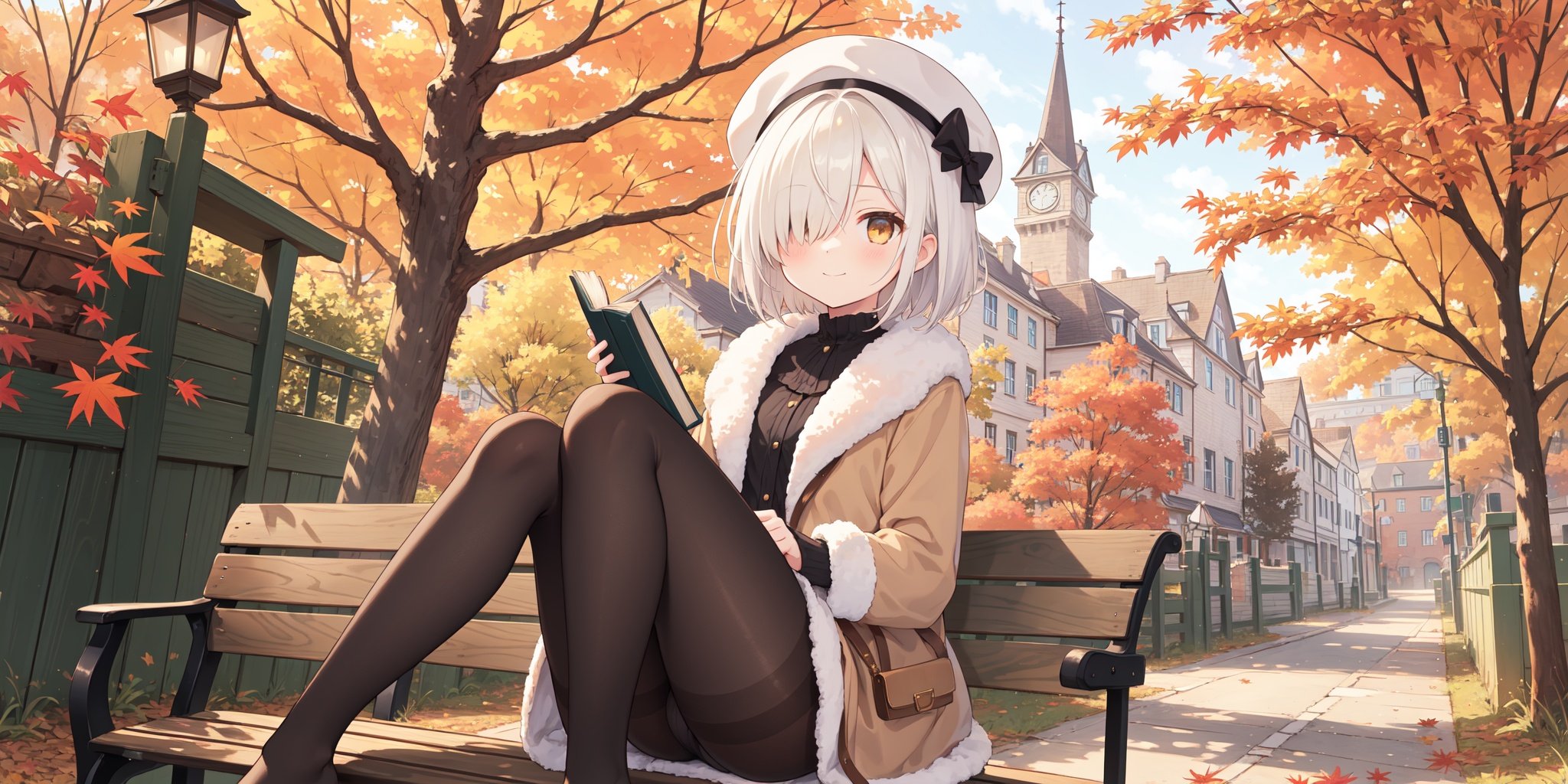 depth of field,(autumn light:1.2),1girl,white hair,short hair,long banns,golden eyes,hair over one eye,put book on her knee,slight smiling,beige fur coat,black painters hat worn a side,black pantyhose,sitting on a wooden bench,outdoors,red brick walls behind,country streets,Windows on walls,