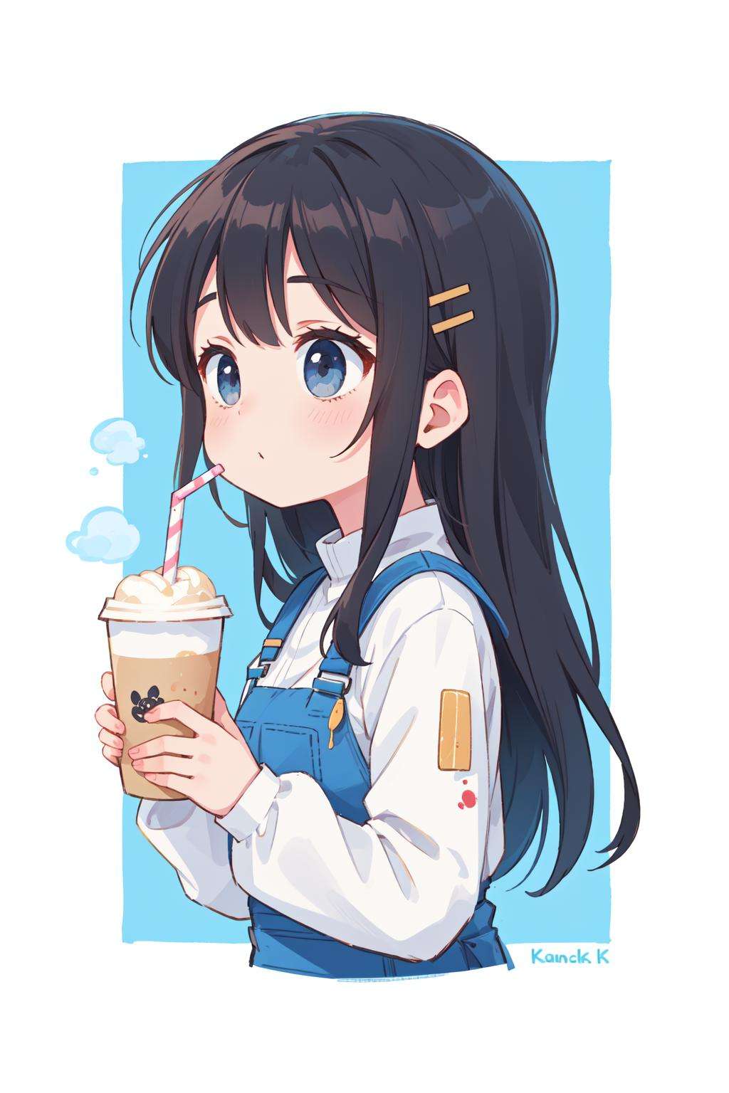 Masterpiece, best quality, clean picture (simple style) no extra lines (concise style) 8k high-definition picture girl, hairpin (white Han suit) white lotus, holding a large paper cup of coffee, straw, auspicious cloud, long hair ((side)) overall painting style is white (simple lines) (side face)