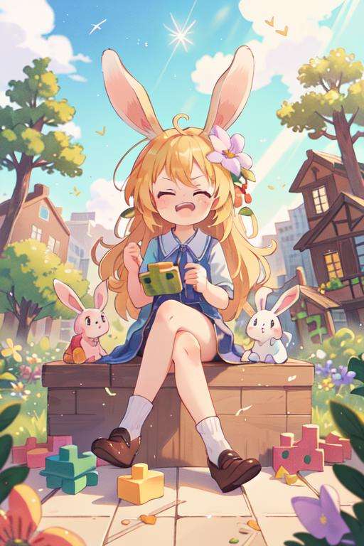 rabbit ears, (((squinting))), happy, Exquisite City, (sky:1.3), (Miniature tree:1.3),Miniature object, holding toy,many flowers, lots of fruits, (((building blocks))),cute colorful animal protagonist, Firefly,meteor, aurora,sunbeams,Colorful clouds,crossing legs,kneeling,Complicated background