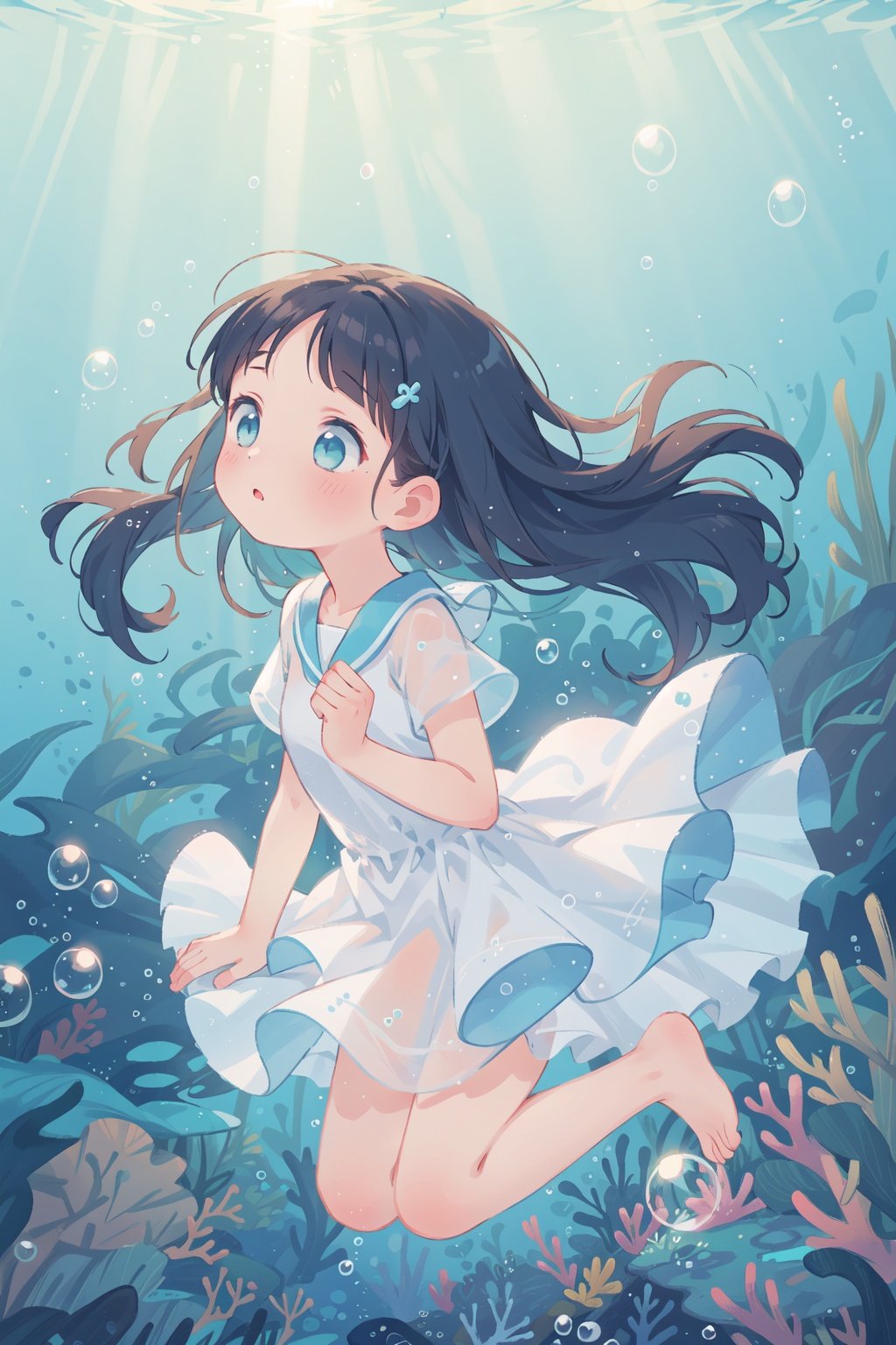 Masterpiece,best quality,1girl,aquafrilled dress dress,(Clothes that blend with the sea:1.2),lightblue long hair,floating hair,delicate face,A delicate expression,Desiring expression,in container,underwater,rolling_bubbles,(neon light:0.8),Sunlight goes underwater,Wonderful underwater,