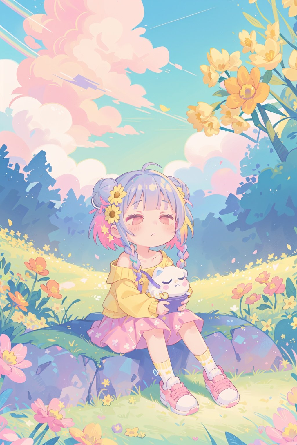 (1 girl:1.5) Kindergarten,double bun,gray gradient hair,air bangs,double braids,(empty eyes:1.7),latex,jitome,border,Altostratus,(Sky:1.2),(Colorful Cloud:1.8) Landscape,Outdoor,Solo,Long Hair,Trees,Flowers,Skirt,Sitting,Shoes,(Grass: 2) (Dew:1.1),Buildings,spectators,signs,long sleeves,power poles,Landscape,sports shoes,open clothes,purple flowers,collarbone,off shoulder,Red flowers,roads,white shoes,wires,(Yellow flowers, pink flowers, white flowers:1.5),