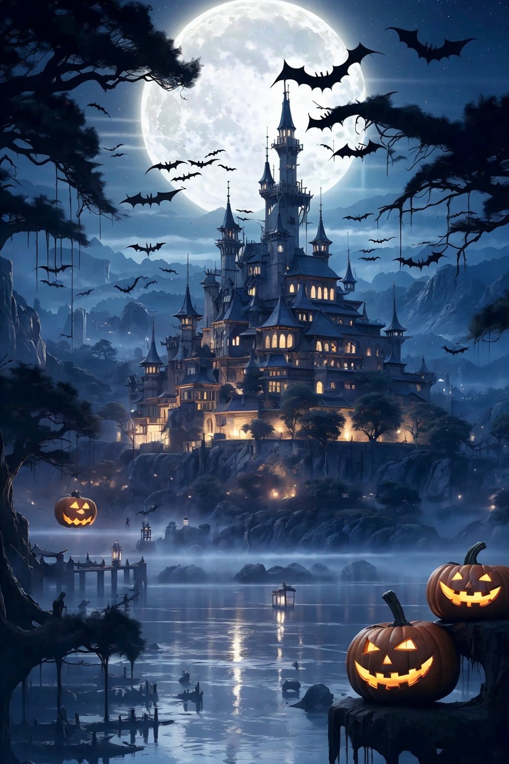 Best quality,8k,cg,bat,Floating Spirit,castle,Halloween