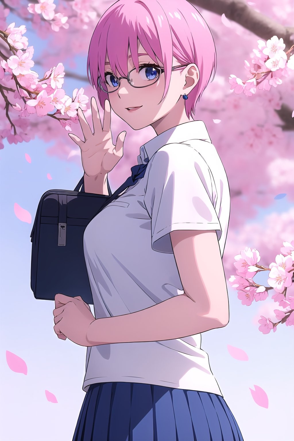 ichika nakano, short hair, bangs, blue eyes, hair between eyes, pink hair, earrings, (anime, masterpiece, highres, best quality, ultra detailed, detailed background:1.2), pale skin, large sagging breasts, semi-rimless eyewear, school uniform, school bag, blue skirt, wind, cherry blossoms, looking back, from behind, smile, waving
