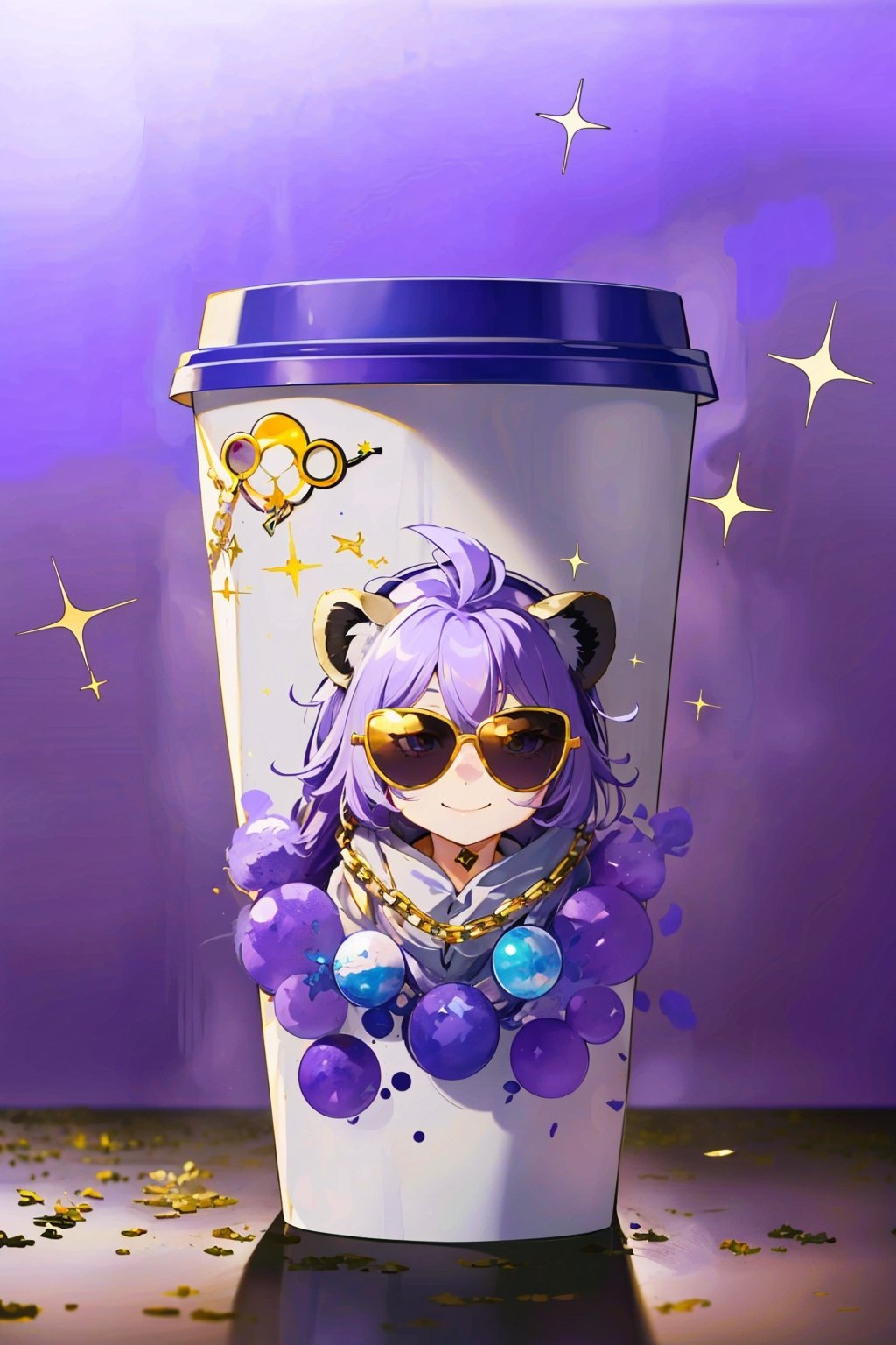 1 girl,solo,wearing a lion costume,lion shaped hoodie,smile, glittering eyes, wearing gold chain, wearing purple tinted sunglasses, disco ball in background, colourful background,(paper cup)