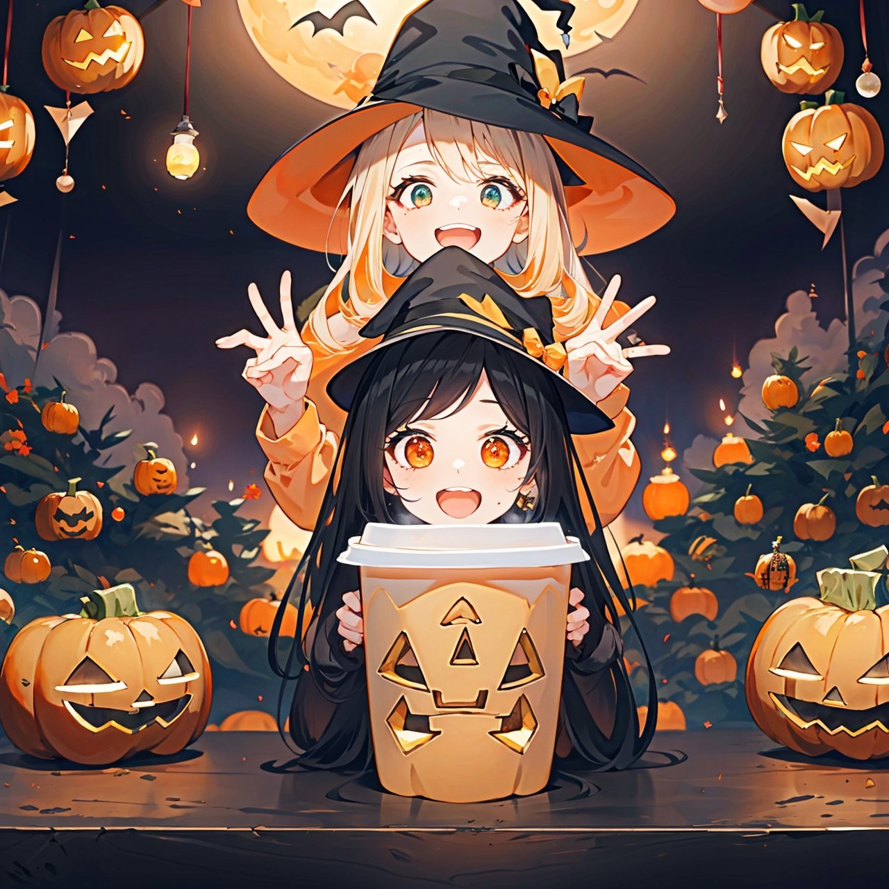 masterpiece, best quality, ultra-detailed 1girl, black hair, black pointy hat, wearing a witch costume, open mouth, super smile, ghost pose, cute bat, Trick or Treat!! Performance that surprises opponents, prank, boo!! A pile of big orange pumpkins in the background, big orange pumpkin, jack o lantern 《close to face》,(paper cup)