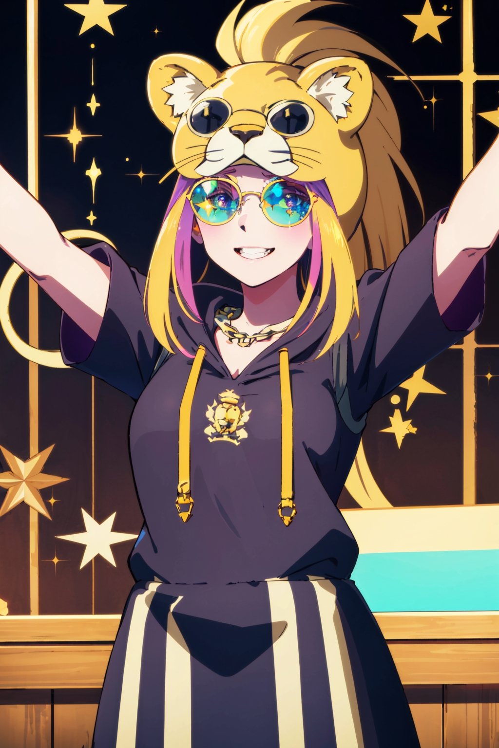 1 girl,solo,wearing a lion costume,lion shaped hoodie,smile, glittering eyes, wearing gold chain, wearing purple tinted sunglasses, disco ball in background, colourful background,beatrix amerhauser