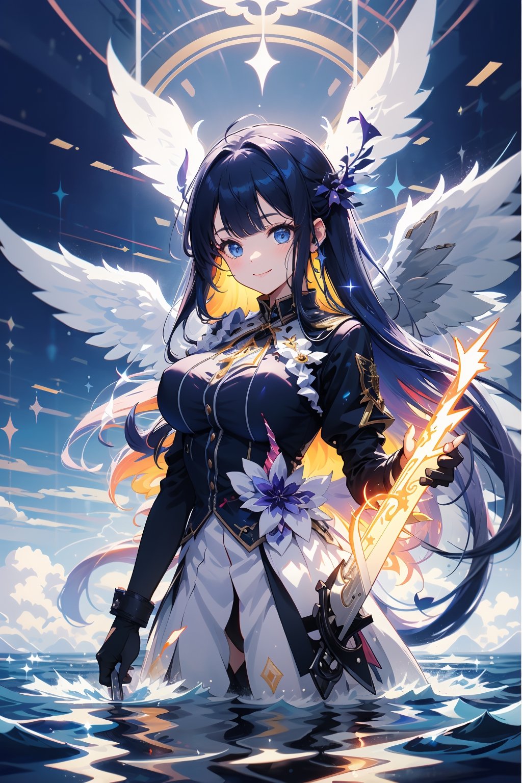 bautiful detailed face, 1girl, ((fearless smile,upper body)), long hair, (((bangs))),((floating weapon)), rainbow, beautiful and delicate eyes, (huge_breasts), blue eyes,wings, (very long dress cover feet), kneehighs, (black Clothes), delicate background,(((thunder storm))), Beautiful and delicate violet light, water surface, inorganic,hailoknight, holding sword, holding weapon,mega flare,brightly colored flames,Angel wing,glitter,Circle