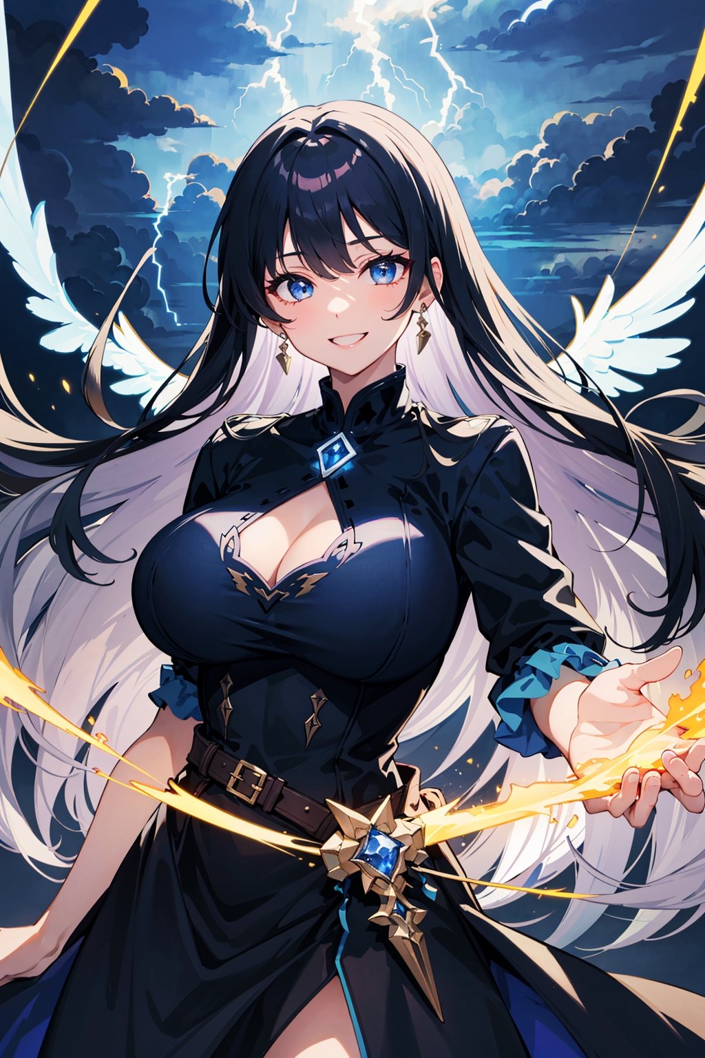 bautiful detailed face, 1girl, ((fearless smile,upper body)), long hair, (((bangs))),((floating weapon)), rainbow, beautiful and delicate eyes, (huge_breasts), blue eyes,wings, (very long dress cover feet), kneehighs, (black Clothes), delicate background,(((thunder storm))), Beautiful and delicate violet light, water surface, inorganic,hailoknight, holding sword, holding weapon,mega flare,brightly colored flames,Angel wing