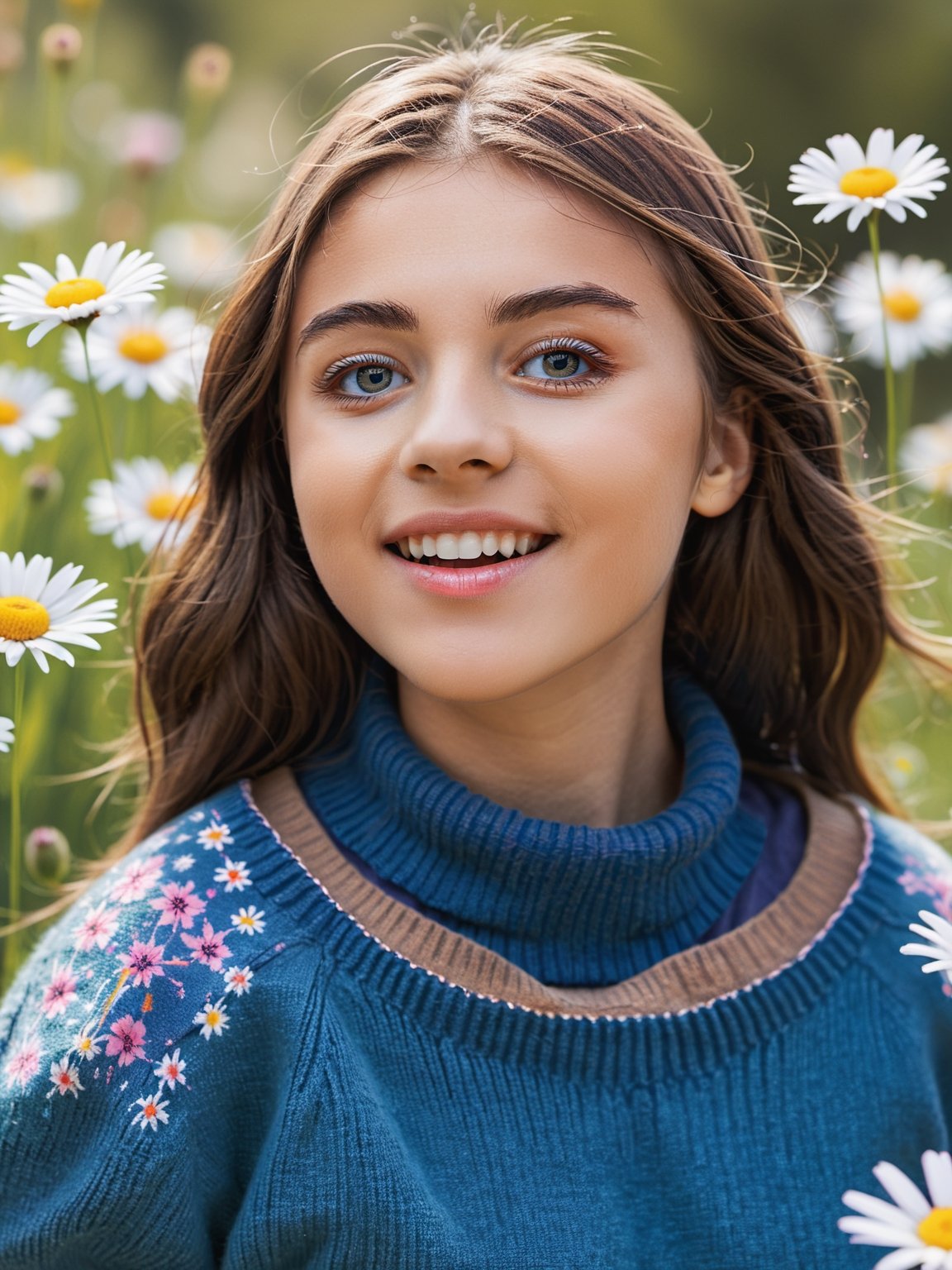 masterpiece, photography, photorealistic, ultra quality, ultra detailed, detaied face, 8k, female_solo, young, cute, 18 years old, standing, outdoor, meadow path, flowers, closeup, sweater, colorful, upper body, front view, plain, natural, average, sunny weather, looking up, happy, playful, natural beauty, upper body, closeup, photo r3al