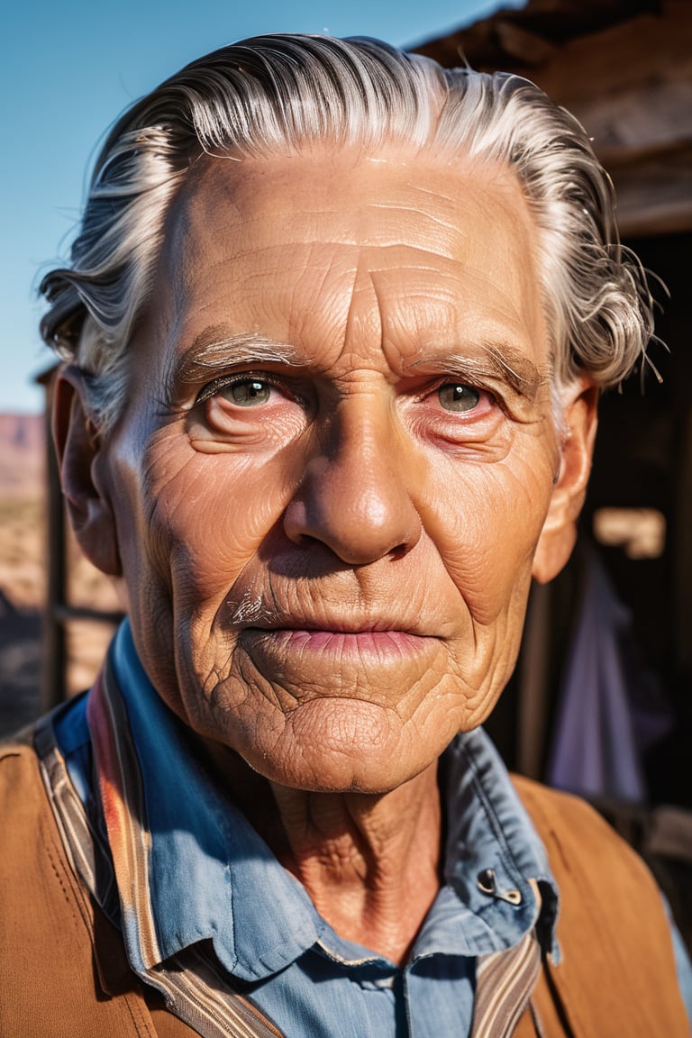 large format photo of a ( (mature old american:1.3) man,  (skindentation:1.3),  (detailed wrinkled face),  (fat:1.1),  __Hair-Eyes/eyecolor__ eyes,  gray hair,  __Hair-Eyes/hair-male__),  The Pioneer Woman,  Dressed practically in a calico dress,  bonnet,  and apron,  she's ready for the challenges of frontier life,  Rescue Mission,  Cowboys and Native allies unite in a daring rescue mission,  navigating a rocky canyon to save a kidnapped settler,  Ghost Town Remnants,  Dilapidated buildings stand as relics of a bygone era,  the sky a canvas for a radiant sunrise that breathes life into the abandoned streets, cinematic lighting,  high angle,  shot on Fujifilm X-T4,  Kodak Vision3,  Voigtlnder Nokton 50mm f1.1,  long exposure, in style of Mickalene Thomas, <lora:EMS-58095-EMS:0.800000>