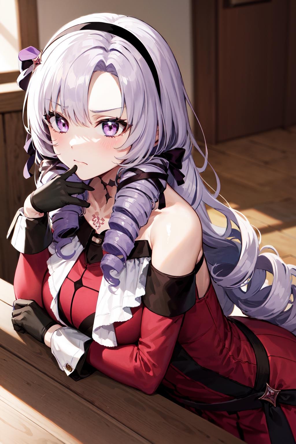 masterpiece, best quality, highres, hmsalome, drill hair, parted bangs, black hairband, ribbon, purple eyes, large breasts, tattoo, red dress, long sleeves, bare shoulders, black gloves, <lora:hyakumantenbara_salome_v1:0.8>, frown, indoors, leaning forward, 