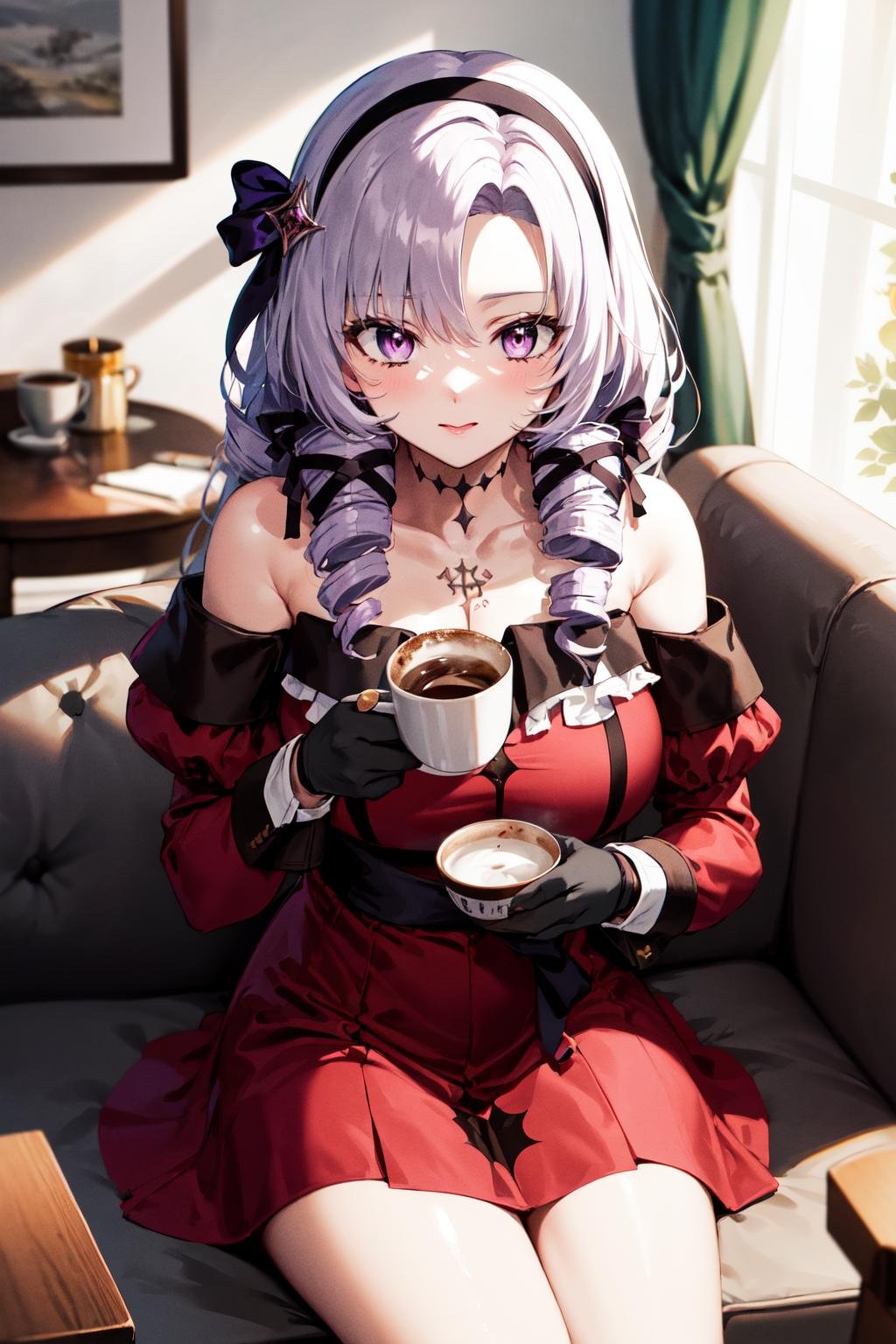 masterpiece, best quality, highres, hmsalome, drill hair, parted bangs, black hairband, ribbon, purple eyes, large breasts, tattoo, red dress, long sleeves, bare shoulders, black gloves, <lora:hyakumantenbara_salome_v1:0.8>, cowboy shot, sitting, sofa, holding cup, coffee, table