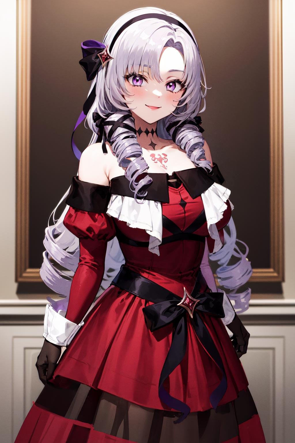 masterpiece, best quality, highres, hmsalome, drill hair, parted bangs, black hairband, ribbon, purple eyes, large breasts, tattoo, red dress, long sleeves, bare shoulders, black gloves, <lora:hyakumantenbara_salome_v1:0.8>, cowboy shot, standing, arms at sides, straight-on, smile,