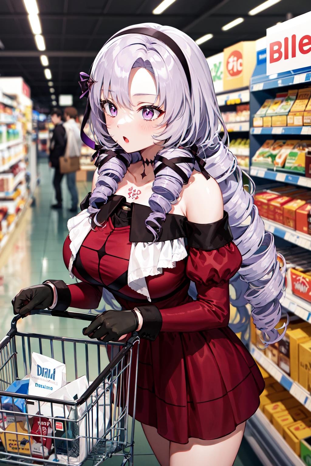 masterpiece, best quality, highres, hmsalome, drill hair, parted bangs, black hairband, ribbon, purple eyes, large breasts, tattoo, red dress, long sleeves, bare shoulders, black gloves, <lora:hyakumantenbara_salome_v1:0.8>, supermarket, shopping bag, shopping cart, :o, standing, 