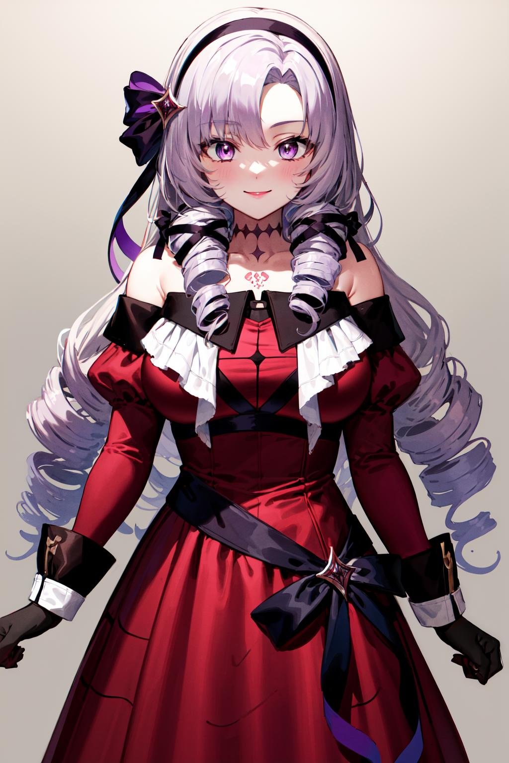 masterpiece, best quality, highres, hmsalome, drill hair, parted bangs, black hairband, ribbon, purple eyes, large breasts, tattoo, red dress, long sleeves, bare shoulders, black gloves, <lora:hyakumantenbara_salome_v1:0.8>, cowboy shot, standing, arms at sides, straight-on, smile,