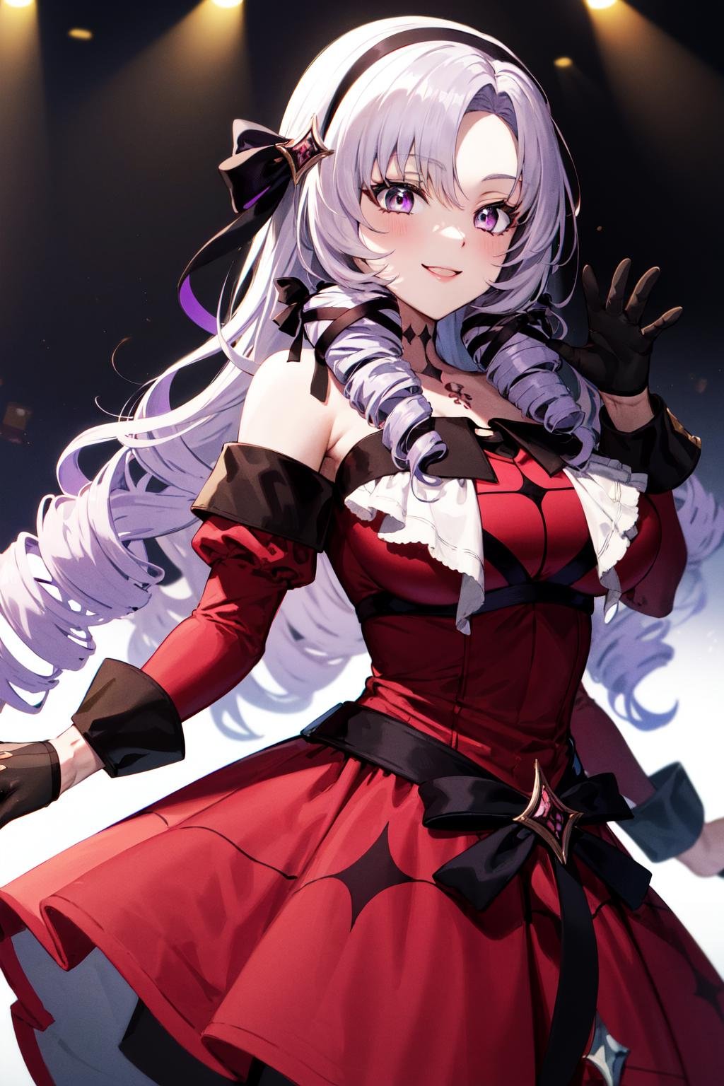 masterpiece, best quality, highres, hmsalome, drill hair, parted bangs, black hairband, ribbon, purple eyes, large breasts, tattoo, red dress, long sleeves, bare shoulders, black gloves, <lora:hyakumantenbara_salome_v1:0.8>, cowboy shot, stage, waving, smile